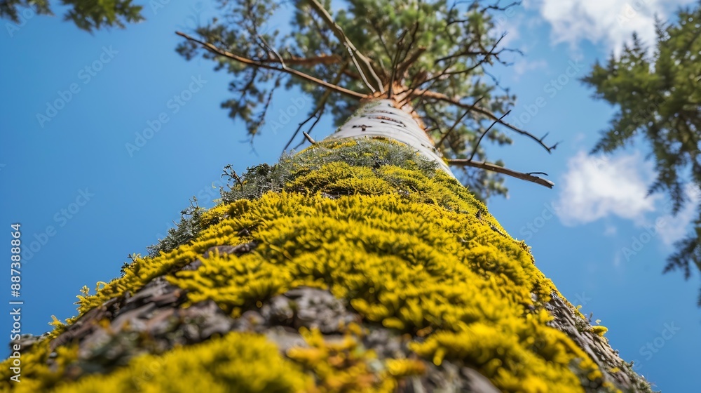 Poster a pine tree trunk covered in yellow moss reaches towards the sky creating a striking contrast betwee