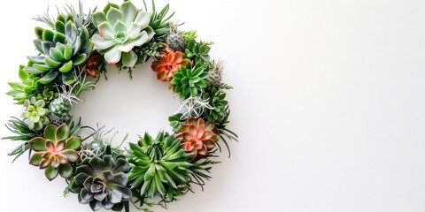 A wreath made of various succulents and air plants, against a minimalist white background 