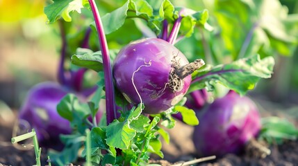 Fresh ripe head of purple kohlrabi Brassica oleracea Gongylodes Group growing in homemade garden short before the harvest Closeup Organic farming healthy food BIO viands back to nature : Generative AI