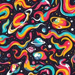 Obraz premium Fun Funky Space and Planets Pattern Wallpaper, Wild Science Fiction Wrapping Paper Design, Retro Stars Astronomy Background Concept, Colorful Vibrant Galactic Galaxy Backdrop