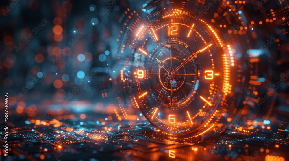 Poster abstract holographic clock with floating neon gears and glowing numbers, surrounded by digital parti