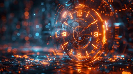 Abstract holographic clock with floating neon gears and glowing numbers, surrounded by digital particles 