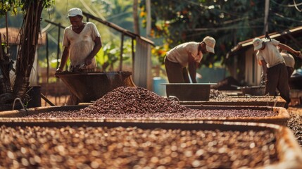 Workers in a rural Indian village carefully spread out cacao beans in large trays to dry in the sun, preparing them for the next stage of processing