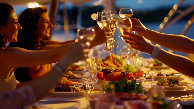 Festive banquet on board the ship Close up of table with delicious food Young smiling women raise toast with glasses of wine or cocktails Fun bachelorette party on boat Lunch during se : Generative AI - Powered by Adobe