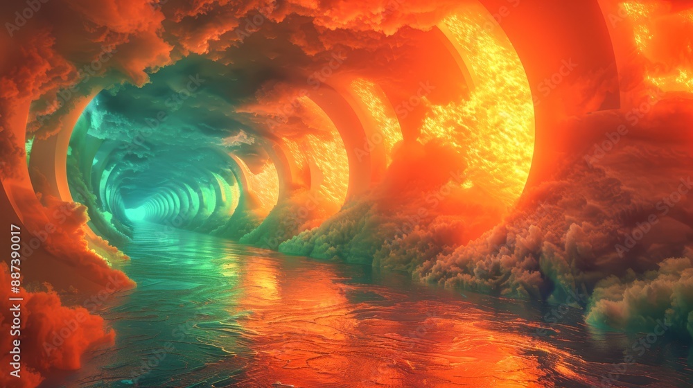 Poster abstract neon tunnel with vibrant orange and green patterns, filled with swirling fog and ethereal c