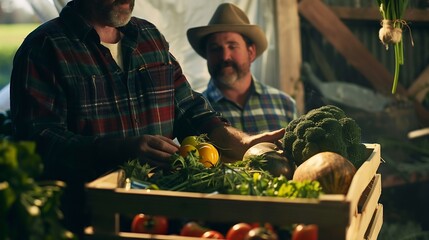 Fototapeta premium Two men talking while working on the farm holding wooden crates filled with fresh vegetables : Generative AI