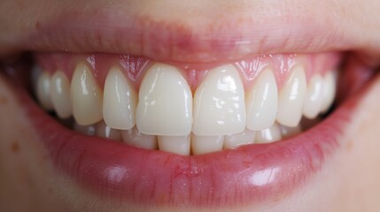 Detailed close-up of a smiling mouth showing pristine white, straight teeth and healthy pink gums.