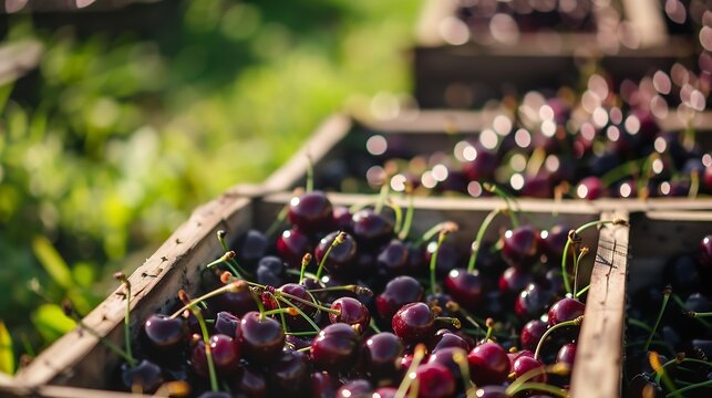 Picking cherries in the orchard  Boxes of freshly picked lapins cherries Industrial cherry orchard Buckets of gathered sweet raw black cherries  Closeup view of green grass and boxes f : Generative AI