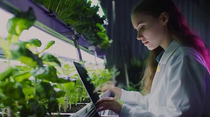 Young woman scientist holding laptop computer analyzes and studies research in organic hydroponic vegetables plots growing on indoor vertical farm : Generative AI