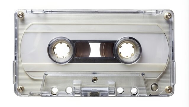 Retro-style blank cassette tape case with clear plastic cover, isolated on a white background, evoking nostalgia for the classic 90s analog audio era.