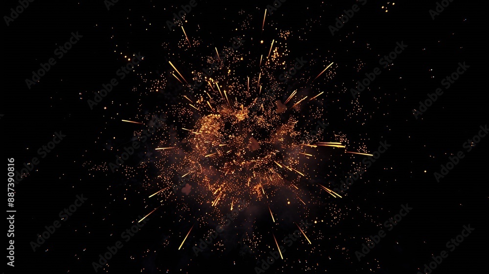 Poster from below shot of wonderful vivid fireworks exploding on background of black night sky : generative