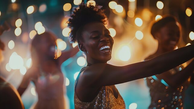 Beautiful african woman dancing at gala event Female in evening dress enjoying dancing at party with friends around : Generative AI