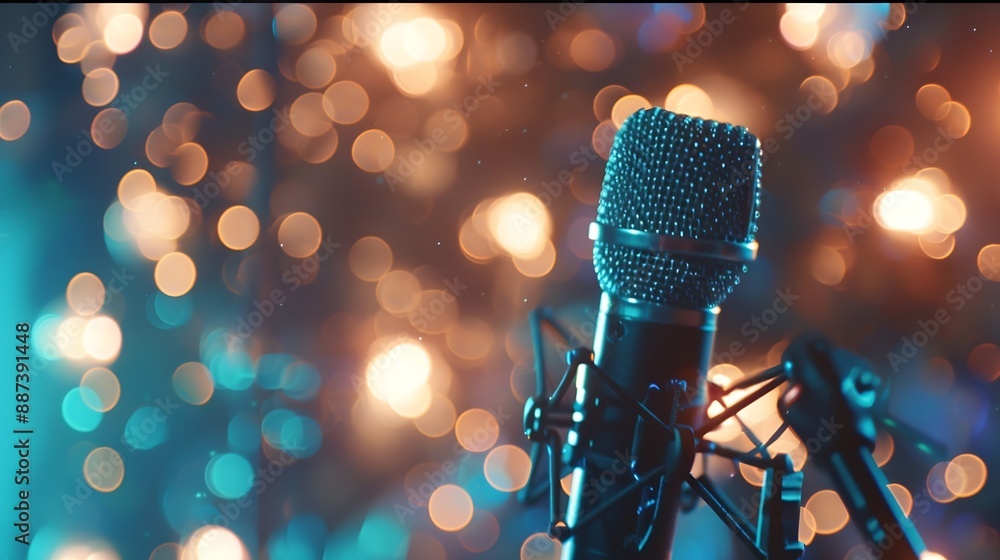 Poster closeup of an isolated microphone stand against the background of a small concert venue show program