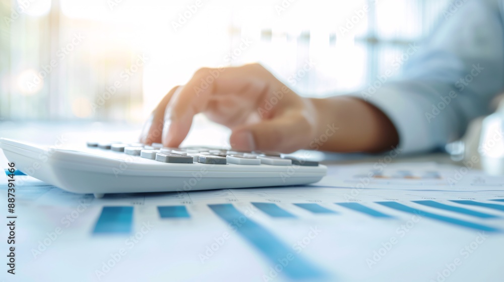 Poster close-up of an advisor's hand using a calculator while discussing investment strategies, symbolizing