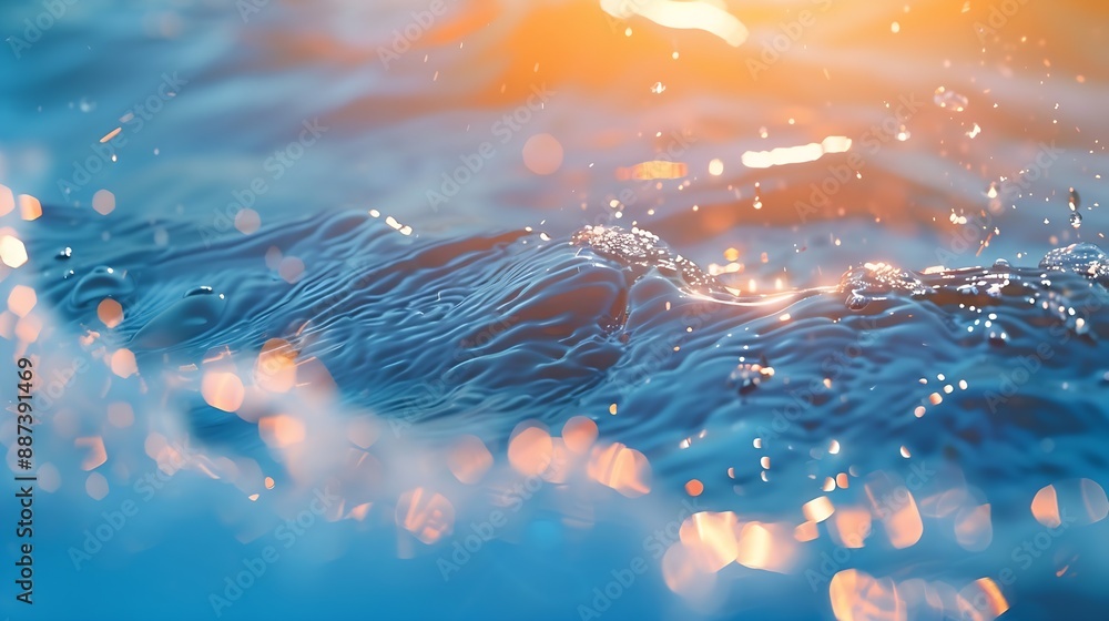 Poster Flowing water with shining wave texture on a vibrant sunlight blue background Abstract Water surface background idea Abstract summer template background : Generative AI