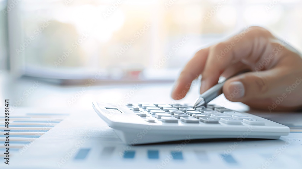 Poster close-up of an advisor's hand using a calculator while discussing investment strategies, symbolizing