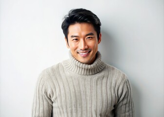 Obraz premium Smiling Vietnamese male model in his 30s dons a warm sweater against a clean white backdrop, exuding warmth and contentment in a cozy atmosphere.