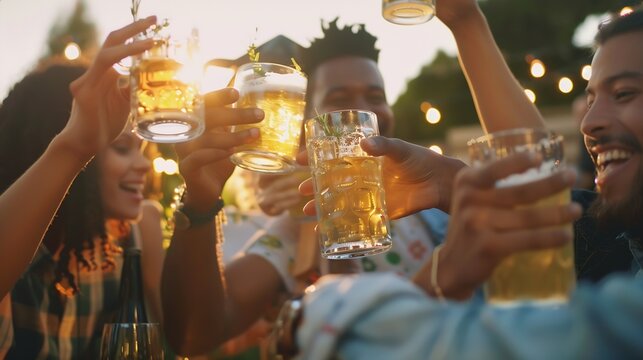 Happy multiracial friends cheering beer glasses at brewery pub garden  Group of young people enjoying dinner party eating and drinking at bar restaurant  Friendship and food and bevera : Generative AI