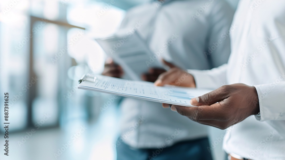 Poster advisor holding a financial report and discussing growth strategies with a client, with focus on the