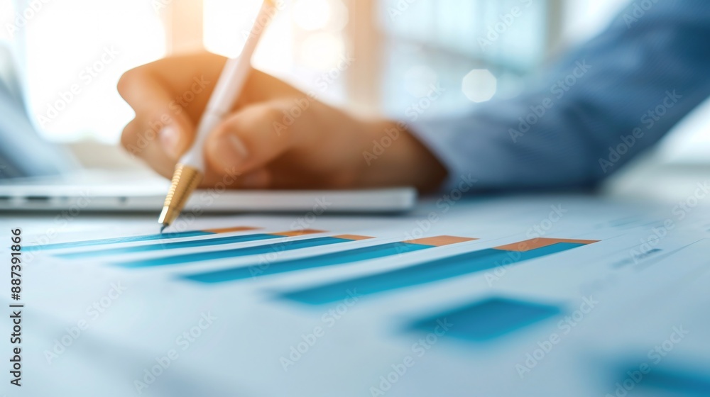 Poster close-up of an advisor's hand highlighting trends on a growth chart during a client meeting, with fo