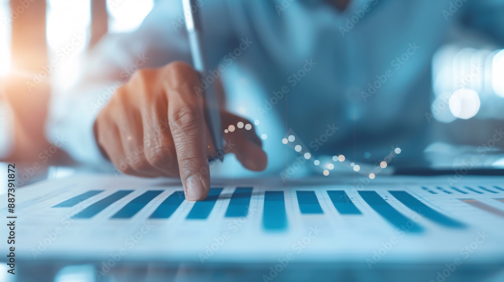 Poster close-up of an advisor's hand highlighting trends on a growth chart during a client meeting, with fo