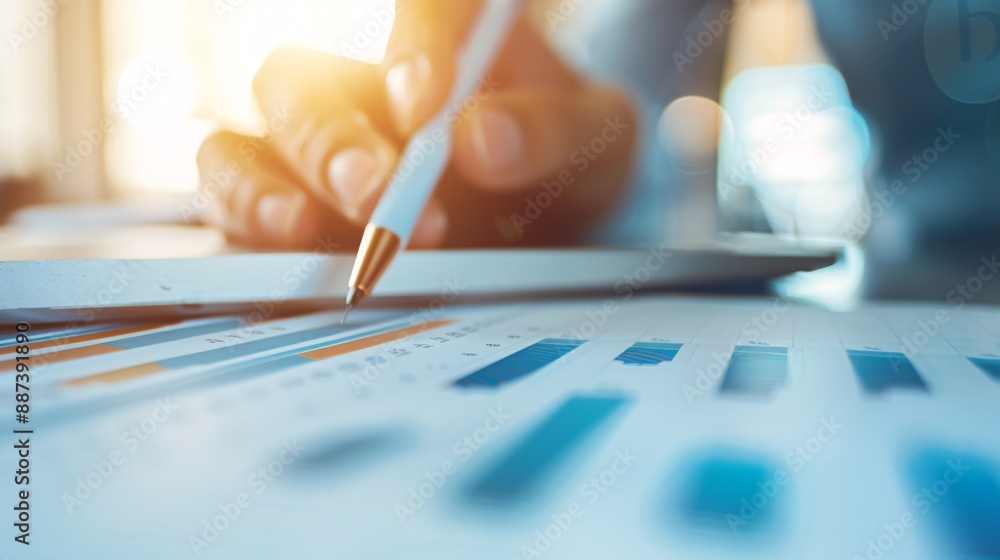 Poster close-up of an advisor's hand highlighting trends on a growth chart during a client meeting, with fo