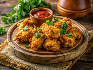 Golden-brown crispy fried chicken pieces garnished with fresh parsley and served on a vintage wooden plate with a side of spicy dipping sauce.