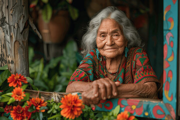 Elderly Amazonian Woman Smiling in Her Lush Home Garden Showcasing Cultural Heritage