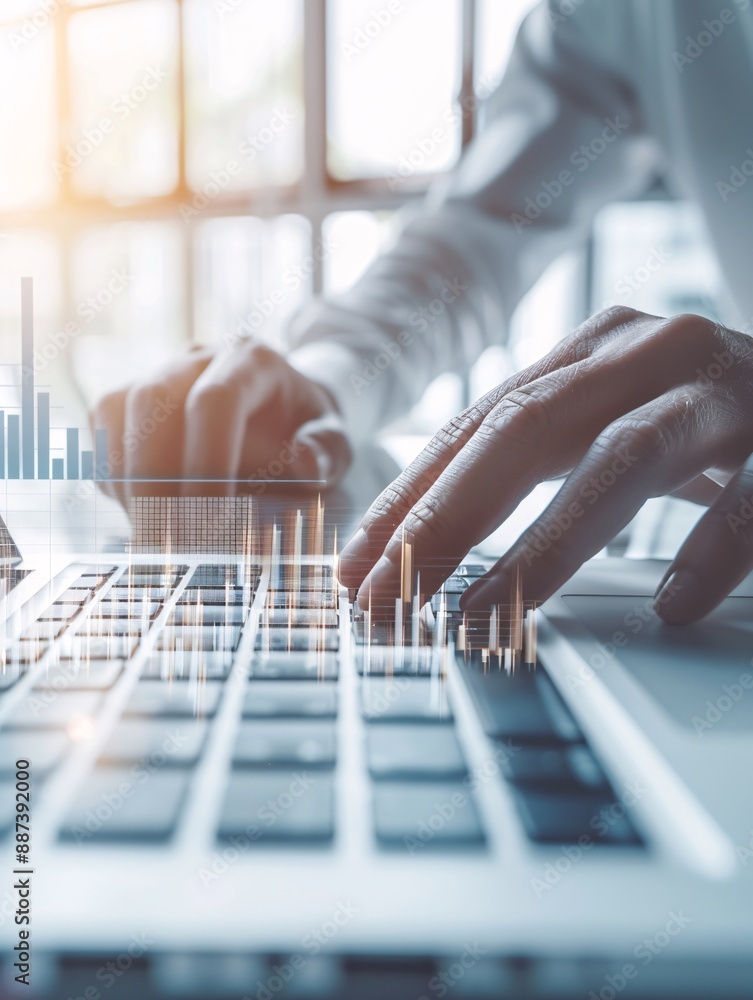 Poster close-up of an advisor's hand guiding a client's attention to growth trends on a laptop, emphasizing