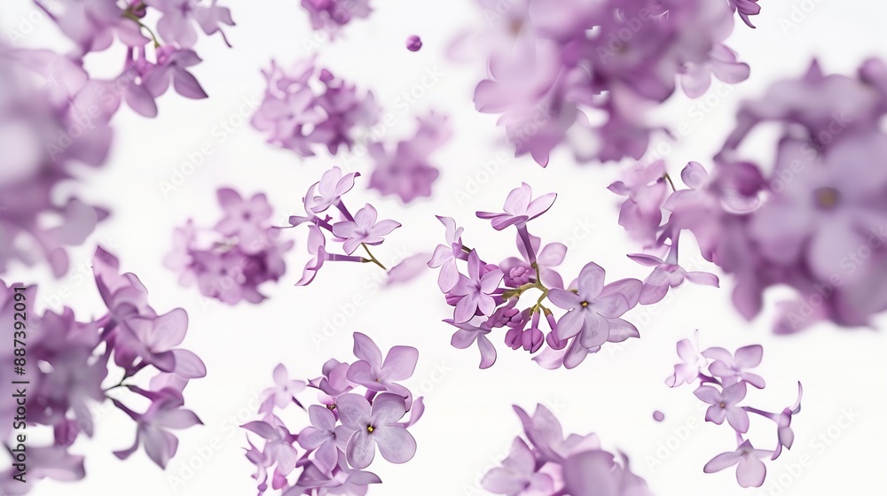 Poster Fresh lilac blossom beautiful purple flowers falling in the air isolated on white background Zero gravity or levitation spring flowers conception high resolution image : Generative AI