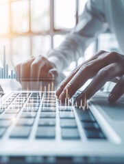 Close-up of an advisor's hand guiding a client's attention to growth trends on a laptop, emphasizing planning and investment expertise with ample copy space.