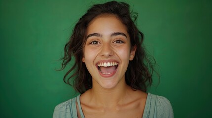 Fototapeta premium Young woman with surprised expression on green background