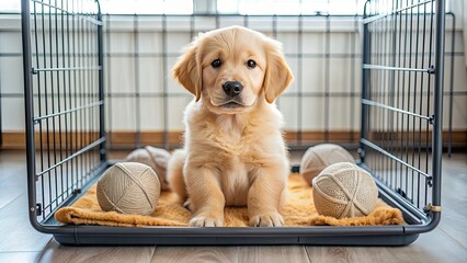 Adorable golden retriever puppy sits calmly in crate on absorbent pad, learning essential skills in comfy, safe environment, with soft toys for companionship.