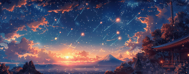Fototapeta premium Shooting Stars and Meteors Streaking Across Twilight Sky over Dark Mountains at Sunset in Anime Style with High Definition Details