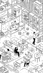 Sketch of busy office workers, hinting at the architectural plans and construction required to bring a building design to life