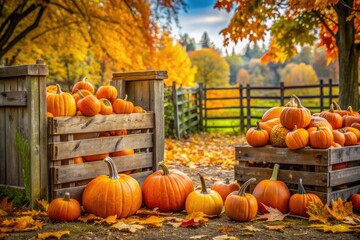 Vibrant orange pumpkins scattered around a rustic farm gate, framed by autumn foliage and surrounded by rustic crates, evoking a warm and inviting harvest atmosphere.