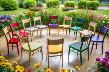 Empty chairs arranged in a circle, symbolizing a supportive community, with flowers and calming colors, convey a sense of hope and rehabilitation.