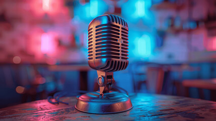 Vintage Chrome Microphone with Neon Lights Background