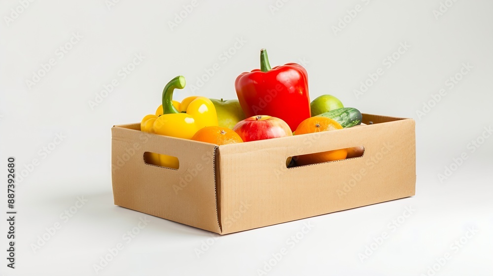 Poster Empty Cardboard box for vegetables fruits and other things isolated on white background with clipping path : Generative AI