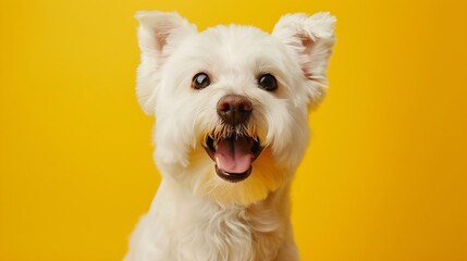 A happy white dog with a big smile on a vibrant yellow background : Generative AI