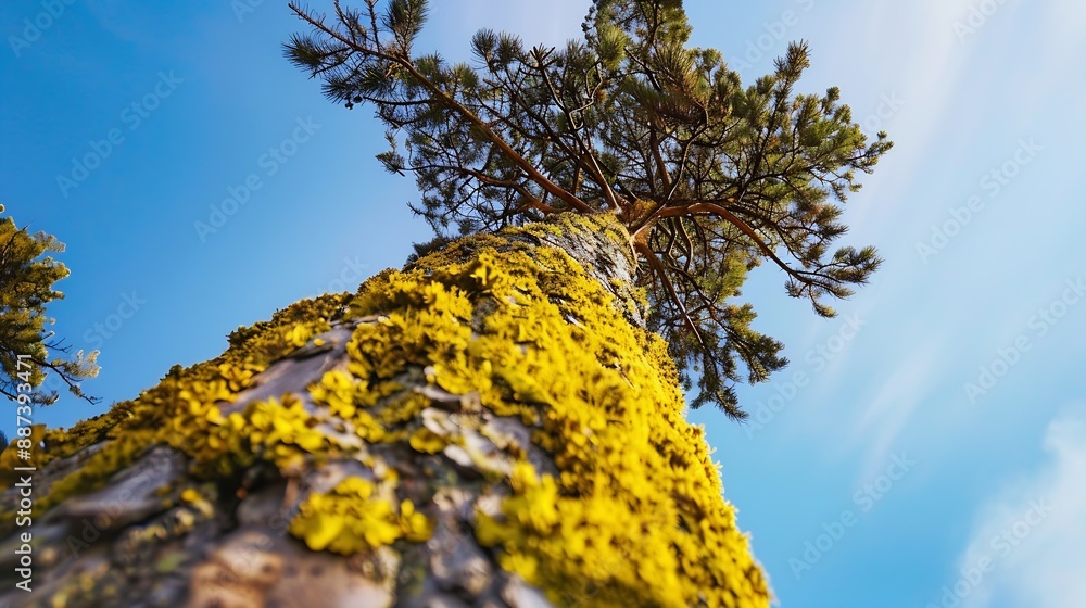 Poster a pine tree trunk covered in yellow moss reaches towards the sky creating a striking contrast betwee