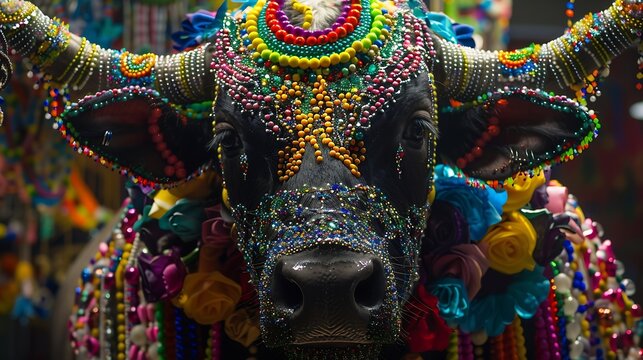 The ox model decorated with colorful beads is the protagonist of the bumba boi festival in Maranho Brazil : Generative AI