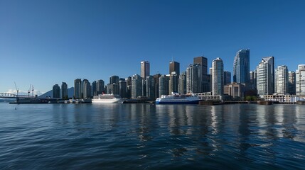 Fototapeta premium Vancouver British Columbia Canada Panoramic View of Downtown City Skyline Coal Harbour Cruise Ship and Port during a sunny day : Generative AI