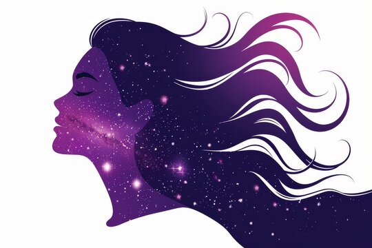 Woman's profile with flowing, cosmic hair, capturing imagination and dreams in a surreal, abstract illustration with vibrant, dynamic design elements.