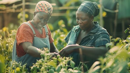 Two African female farmers business women or entrepreneurs working on a farm in preparation for harvest and success of the farming business : Generative AI