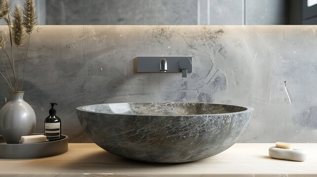 Stone basin in the modern bathroom Natural stone grey round wash basin Home decor and natural interior design concept : Generative AI