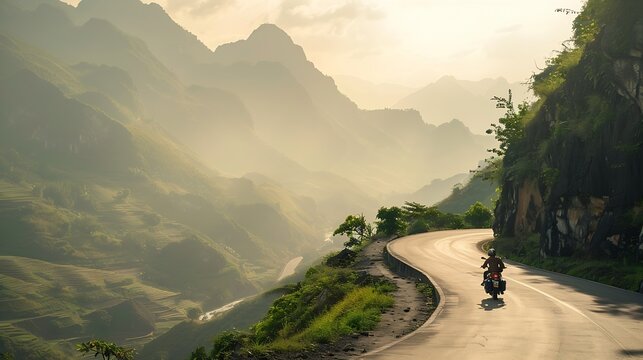 A backpacker enjoys the stunning views of the road and landscape on a motorcycle trip through the HA GIANG loop Vietnam : Generative AI