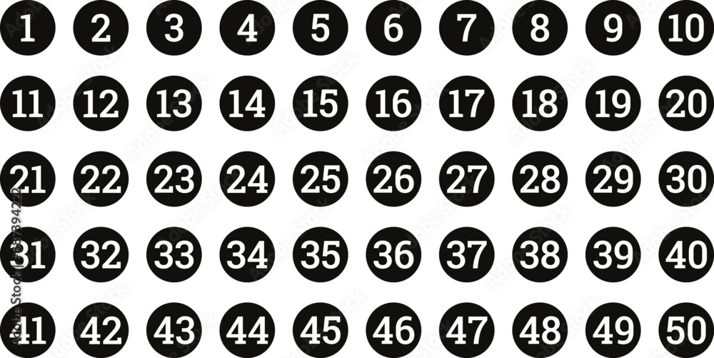 Poster simple round numbers icon set of 1-50. number in dark round circle vector illustration.