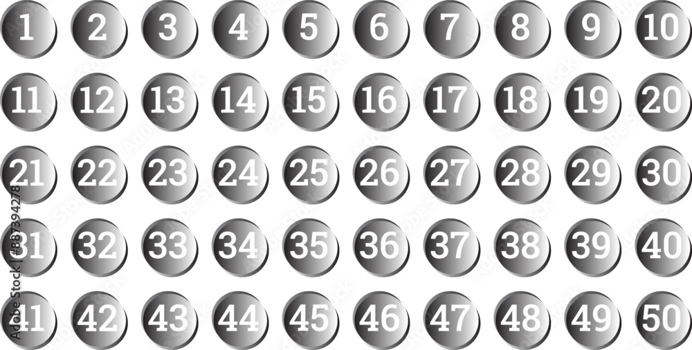 Poster Numbers in black white gradient circle. digit 1-50 bullet point. number in round circle vector illustration.