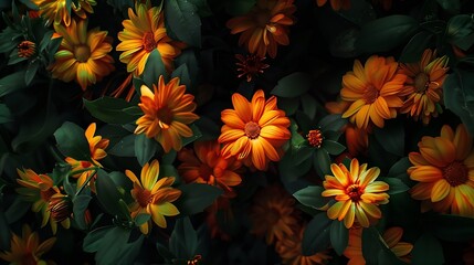 Vibrant orange and yellow flowers with dark green leaves in a lush garden setting Captures the striking color contrast and natural beauty of the blooms : Generative AI